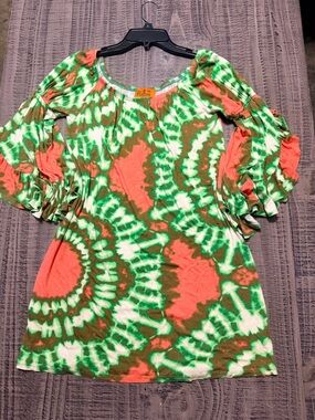 Voom by Joy Han Neon Green and Coral Tie-Dye Scoop Neck Dress
